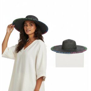 Time & Tru Women’s Black Straw Floppy Hat Whipstitch Wide Brim One Size